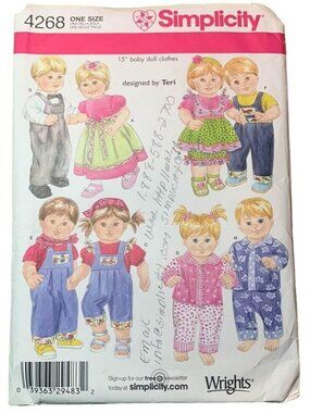 Simplicity 4268 Doll Clothes Pattern By Teri For Size 15" Baby Dolls